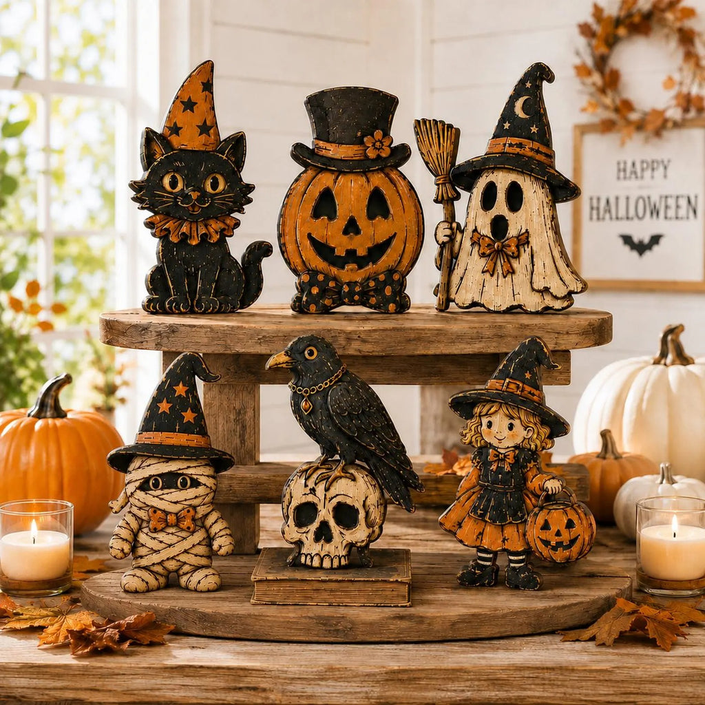 Vintage Halloween Wooden Block Set, Spooky Farmhouse Mantel Decor, Black Cat Pumpkin Ghost Mummy Witch Figurine, Fall Tabletop