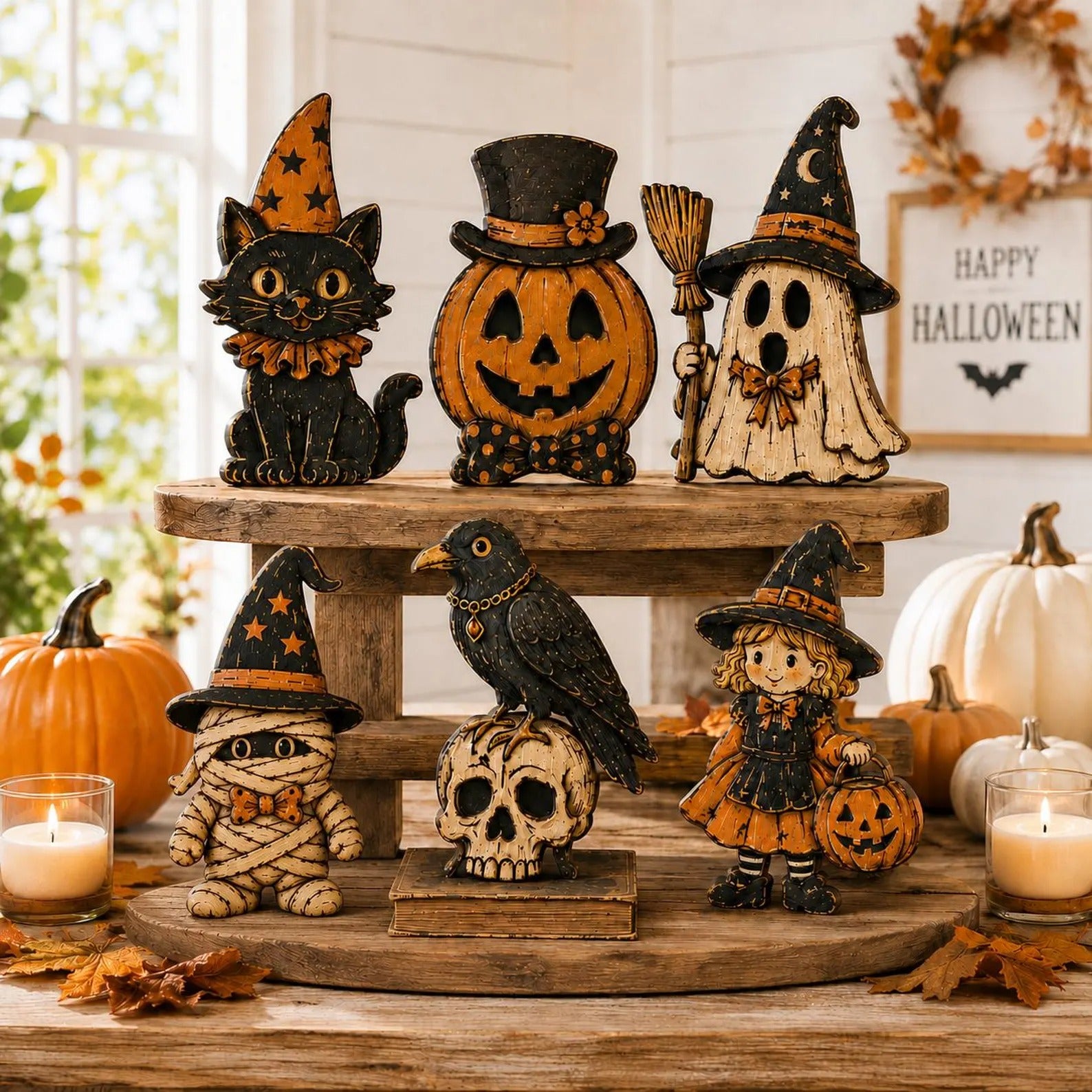 Vintage Halloween Wooden Block Set, Spooky Farmhouse Mantel Decor, Black Cat Pumpkin Ghost Mummy Witch Figurine, Fall Tabletop