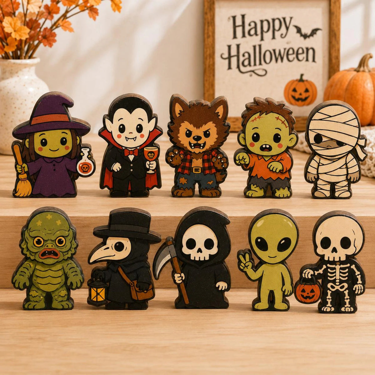 Vintage Halloween Wooden Block Sign, Personalized Name Shelf Decor, Retro Mini Halloween Ornament, Rustic Fall Home Decor, Halloween Family Gift