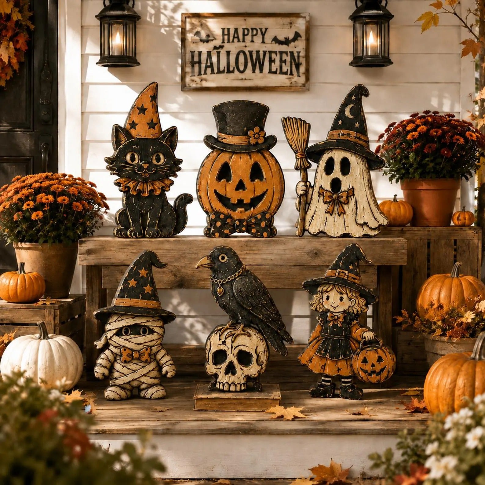 Vintage Halloween Wooden Block Set, Spooky Farmhouse Mantel Decor, Black Cat Pumpkin Ghost Mummy Witch Figurine, Fall Tabletop