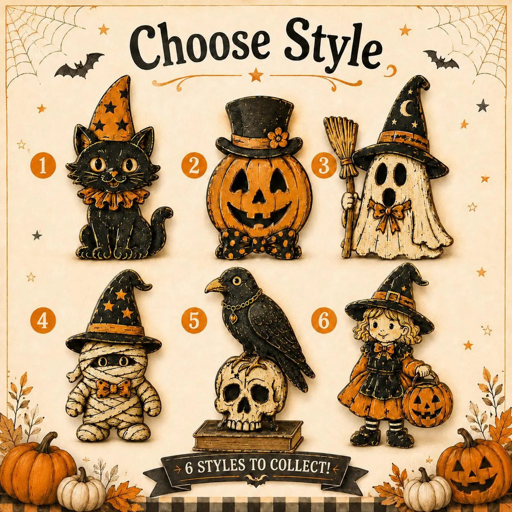 Vintage Halloween Wooden Block Set, Spooky Farmhouse Mantel Decor, Black Cat Pumpkin Ghost Mummy Witch Figurine, Fall Tabletop
