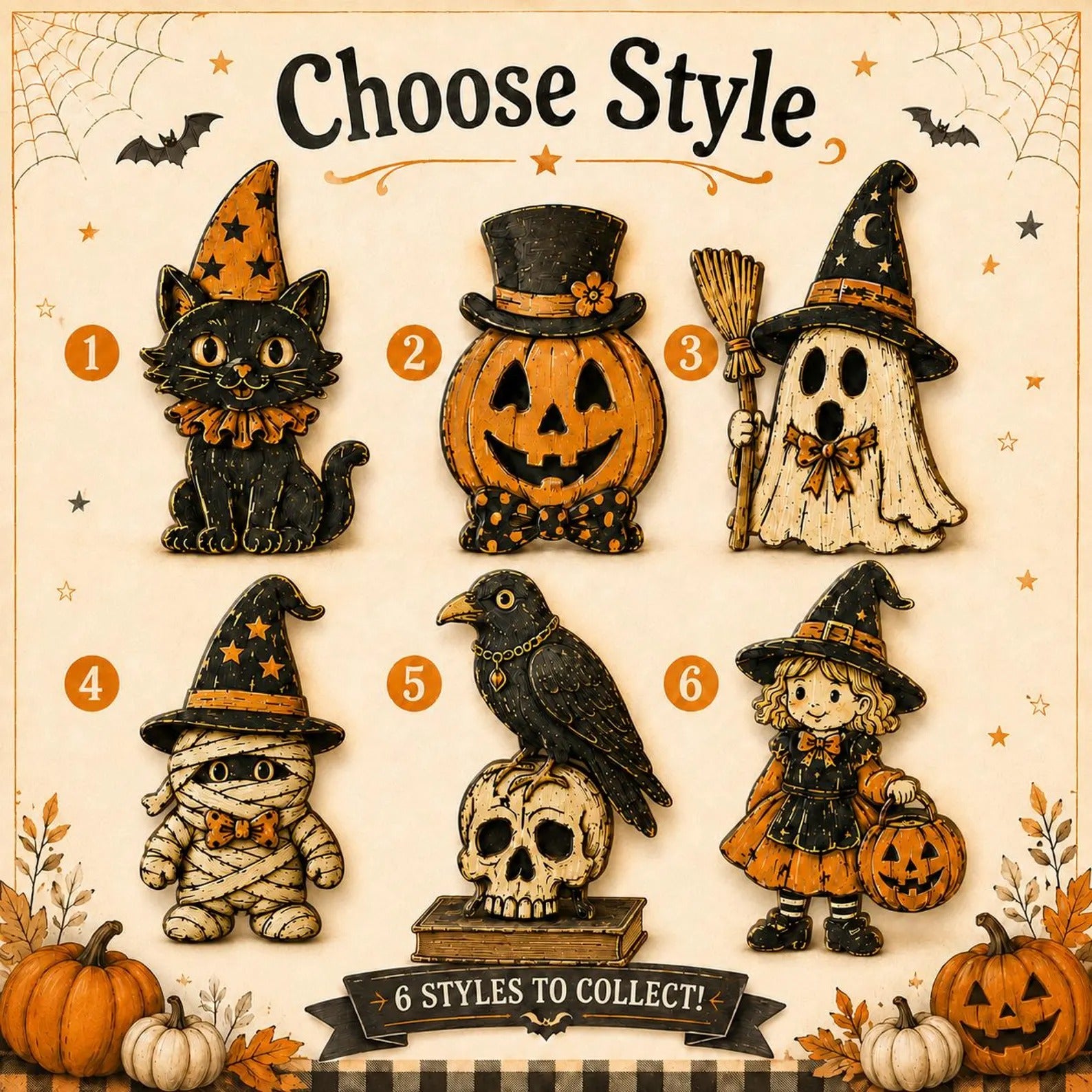 Vintage Halloween Wooden Block Set, Spooky Farmhouse Mantel Decor, Black Cat Pumpkin Ghost Mummy Witch Figurine, Fall Tabletop