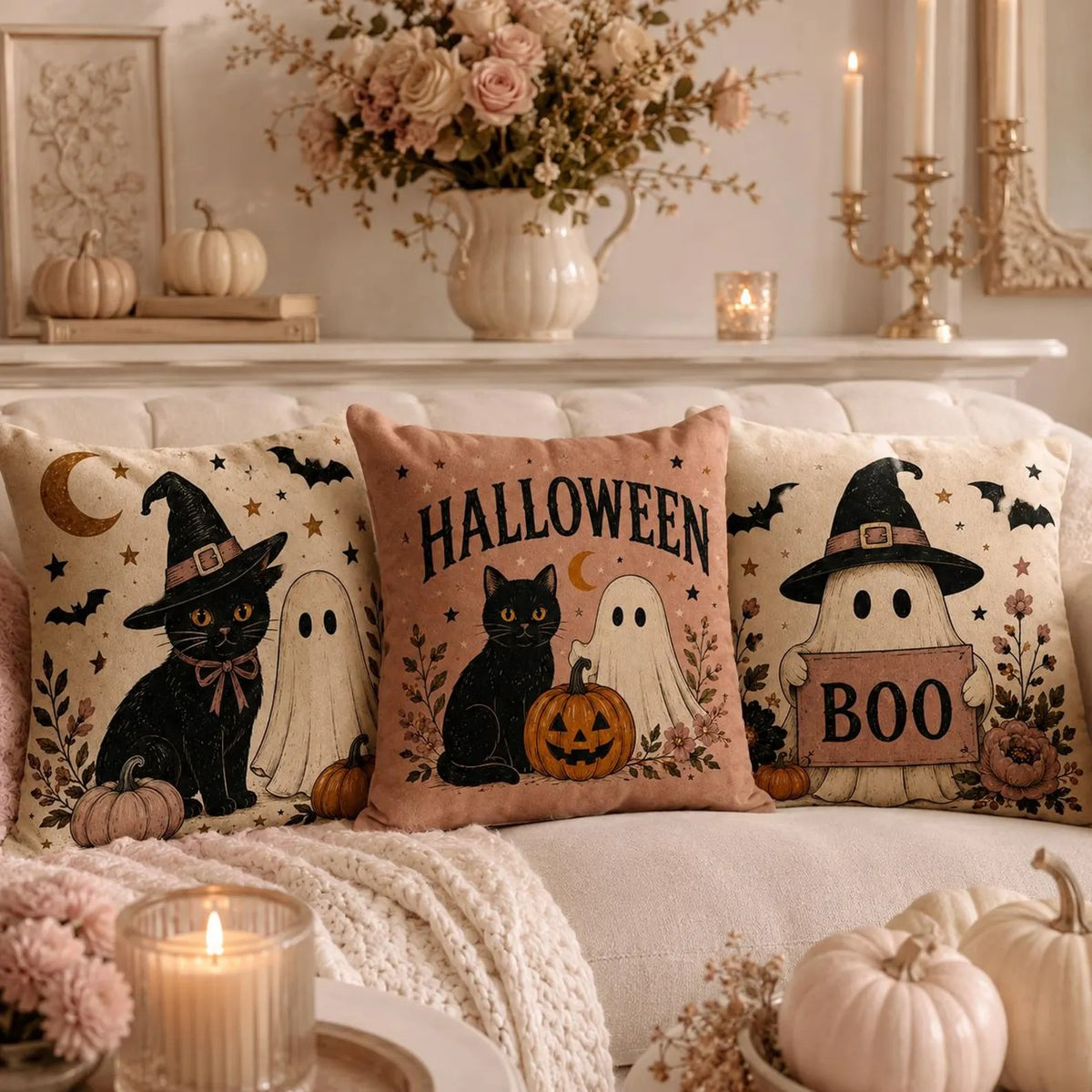 Vintage Halloween Pillow Cover, Black Cat & Ghost Throw Pillow, Double-Sided Square Cushion Case, Spooky Cute Fall Home Decor, Halloween Gift