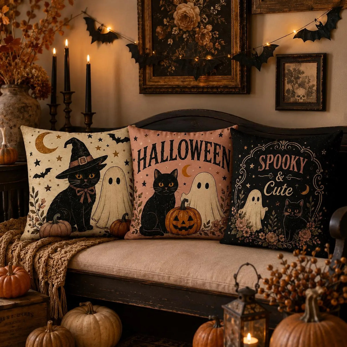 Vintage Halloween Pillow Cover, Black Cat & Ghost Throw Pillow, Double-Sided Square Cushion Case, Spooky Cute Fall Home Decor, Halloween Gift