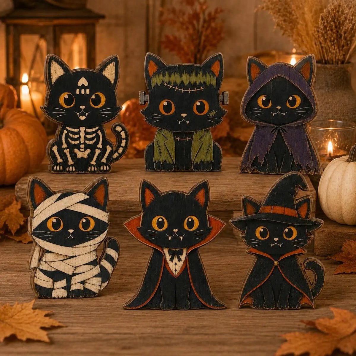 Halloween Cat Wooden Blocks, Spooky Black Cat Shelf Sitters, Witch Mummy Vampire Decor, Rustic Fall Tabletop Decoration, Halloween Home Decor