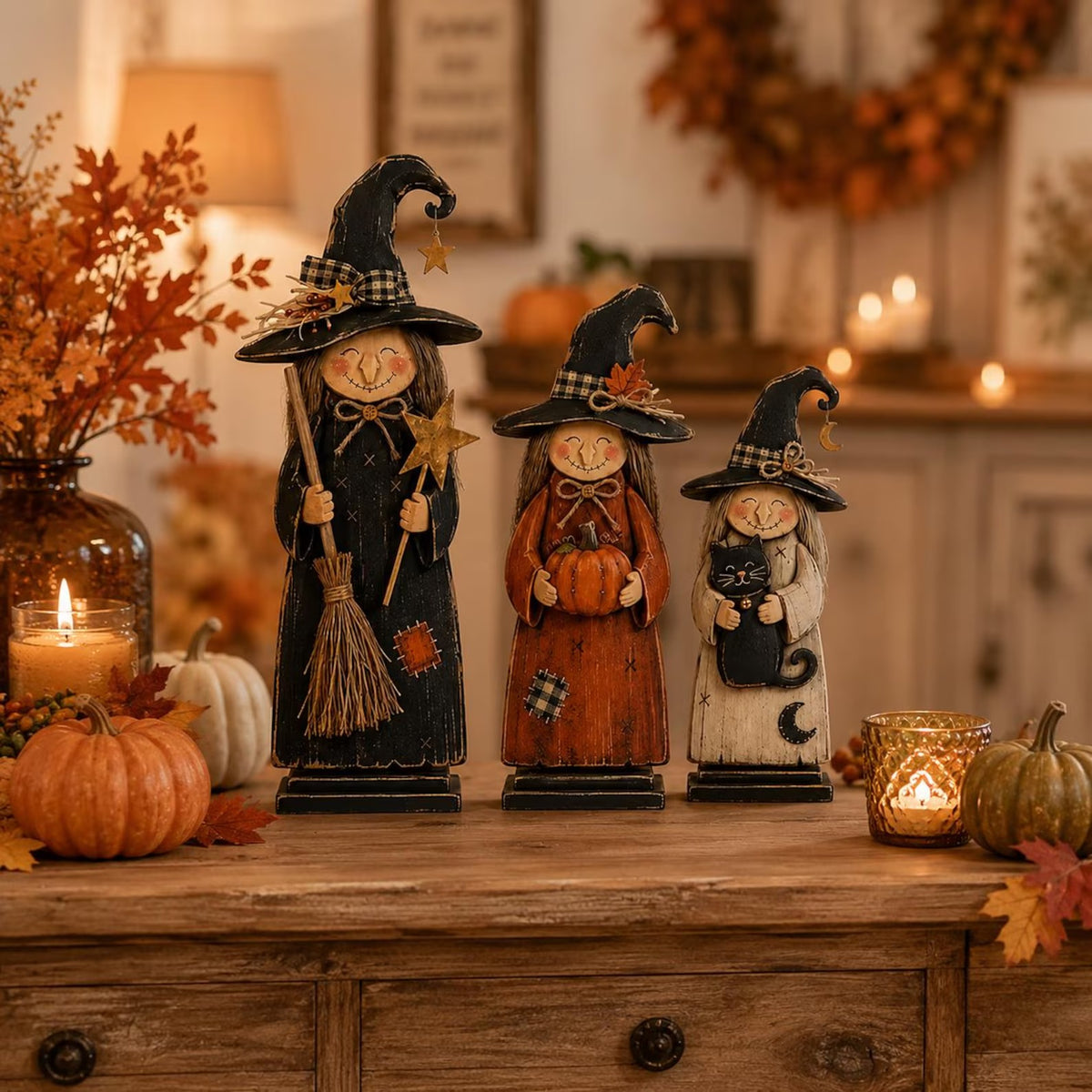Halloween Witch Wooden Block, Rustic Fall Witch Decor, Primitive Halloween Shelf Sitter, Autumn Tabletop Decoration, Spooky Home Decor