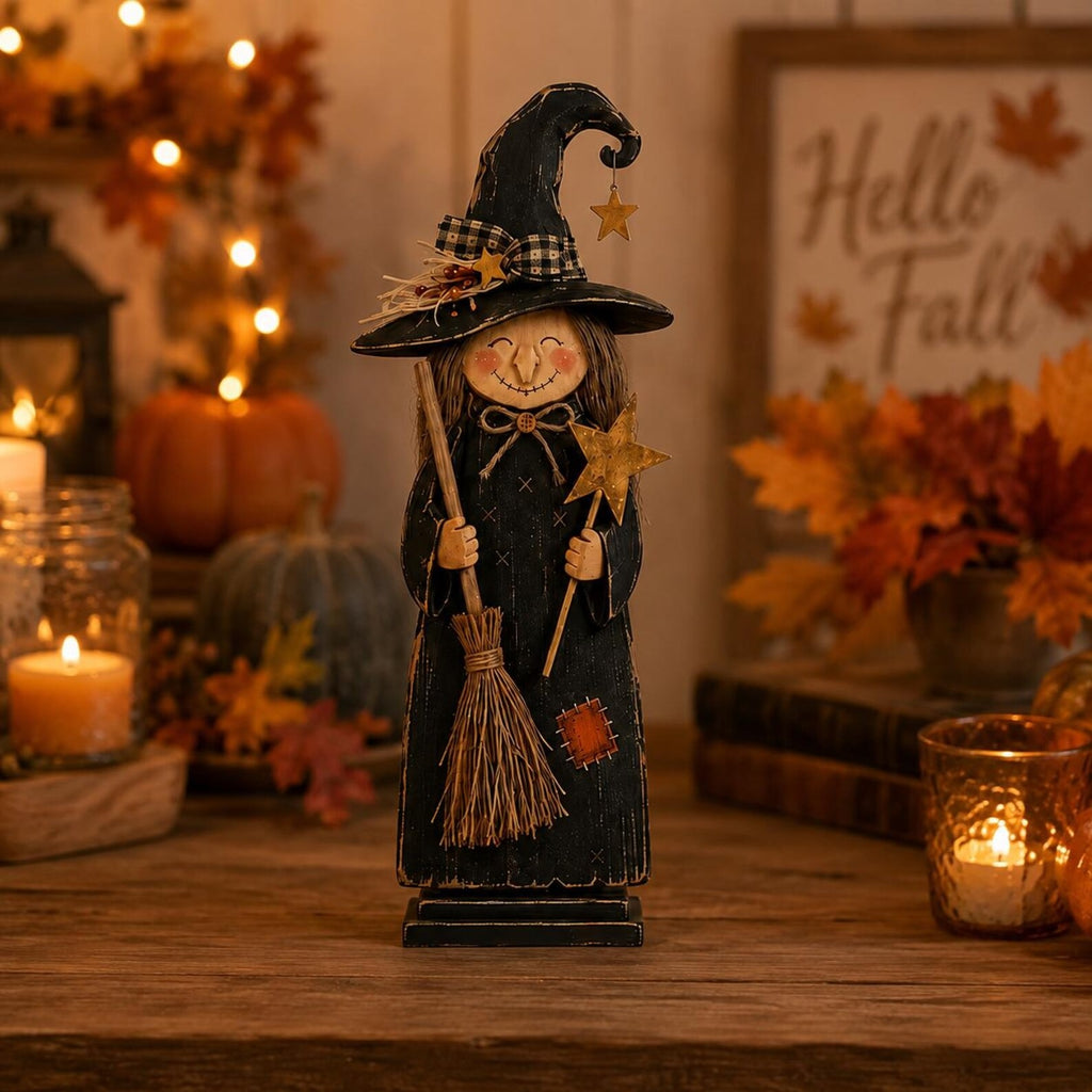Halloween Witch Wooden Block Set, Rustic Fall Witch Decor, Primitive Halloween Shelf Sitters, Autumn Tabletop Decorations