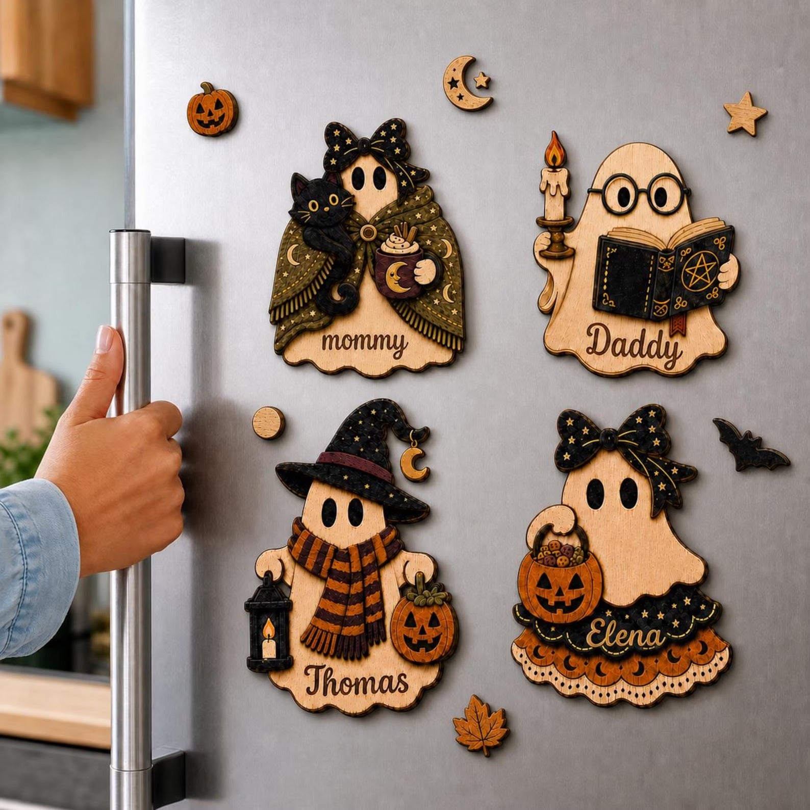 Custom Name Ghost Halloween Wooden Block, Wooden Ghosts Shelf Sitter, Rustic Fall Shelf Sitter, Farmhouse Table Decor, Cute Boo Magnetic