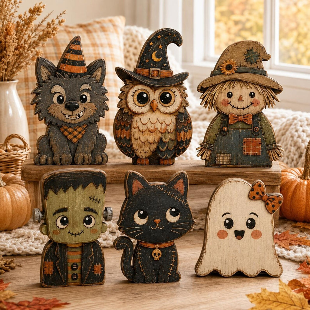 Whimsical Halloween Wooden Block, Cute Monster Shelf Sitter, Rustic Fall Tabletop Decor, Spooky Halloween Home Decoration, Seasonal Gift