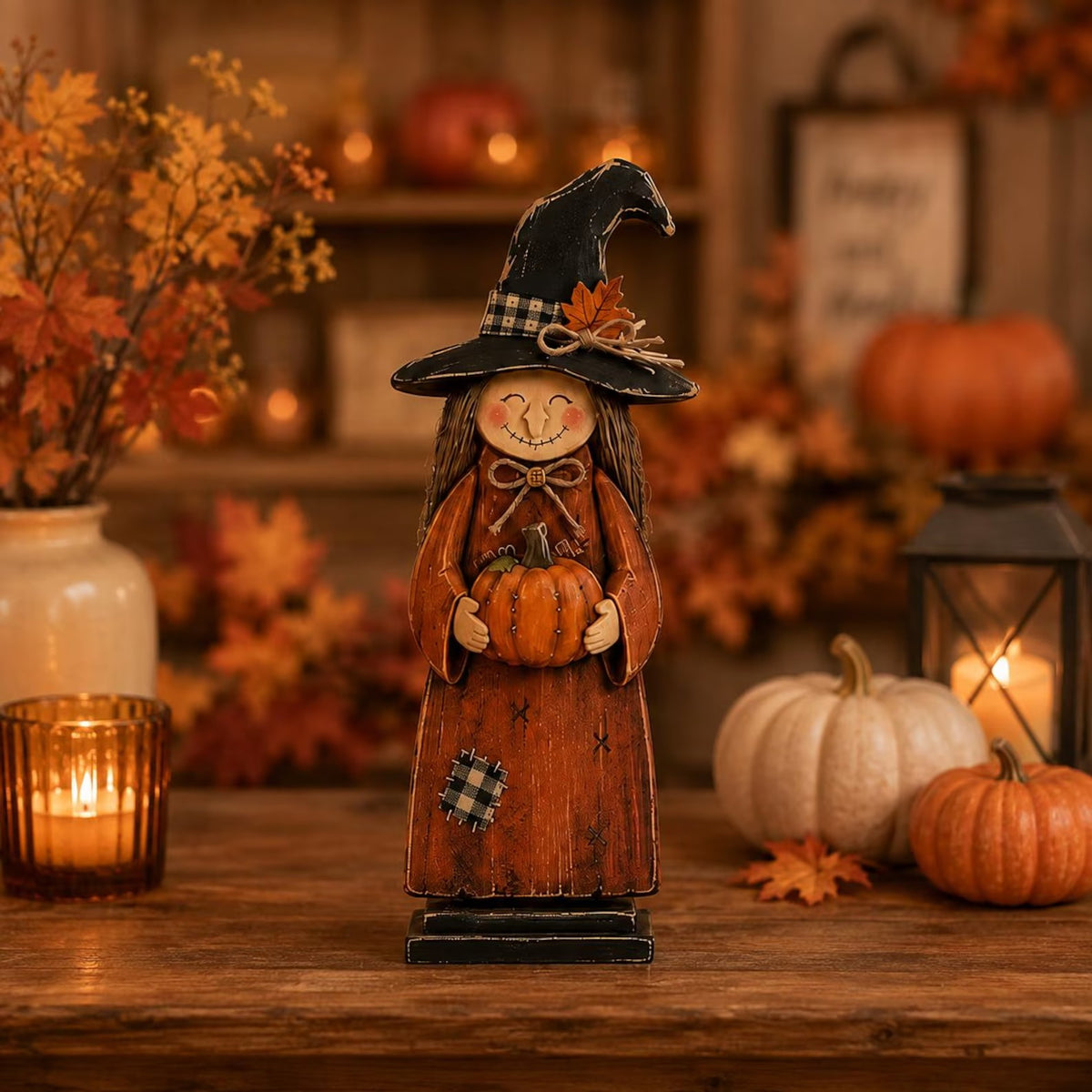 Halloween Witch Wooden Block, Rustic Fall Witch Decor, Primitive Halloween Shelf Sitter, Autumn Tabletop Decoration, Spooky Home Decor