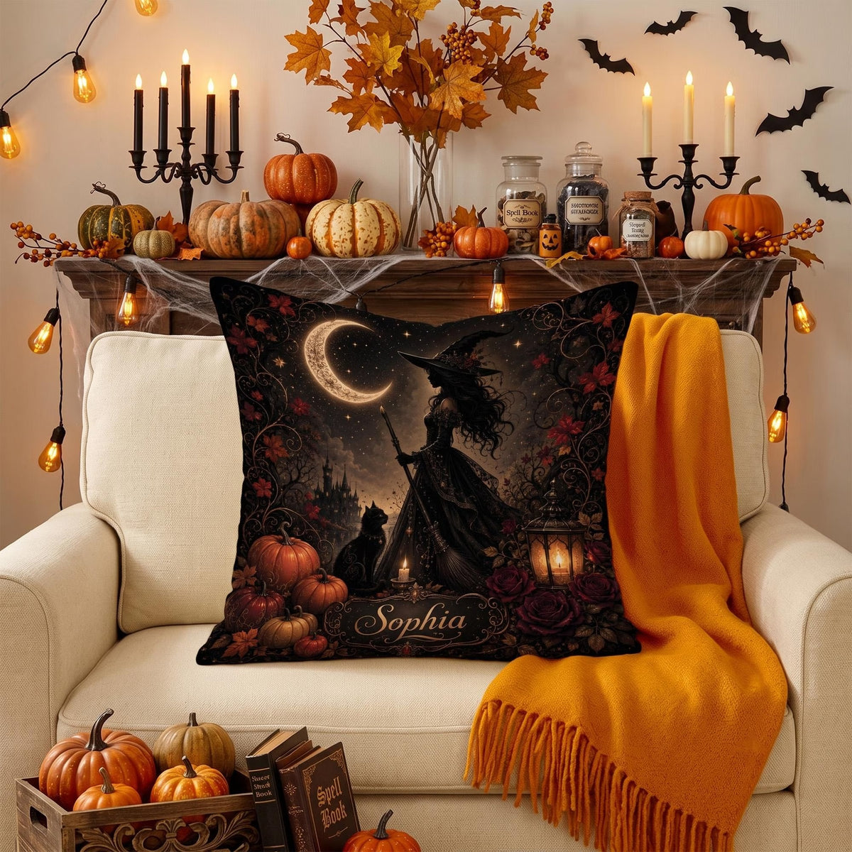 Personalized Witch Halloween Pillow Cover, Custom Name Spooky Crescent Moon Throw Pillow, Square Cushion Case, Gothic Fall Home Decor