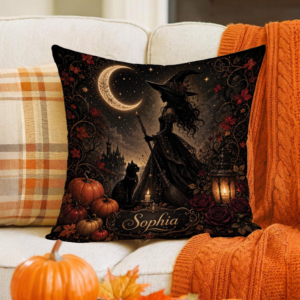 Personalized Witch Halloween Pillow Cover, Custom Name Spooky Crescent Moon Throw Pillow, Square Cushion Case, Gothic Fall Home Decor
