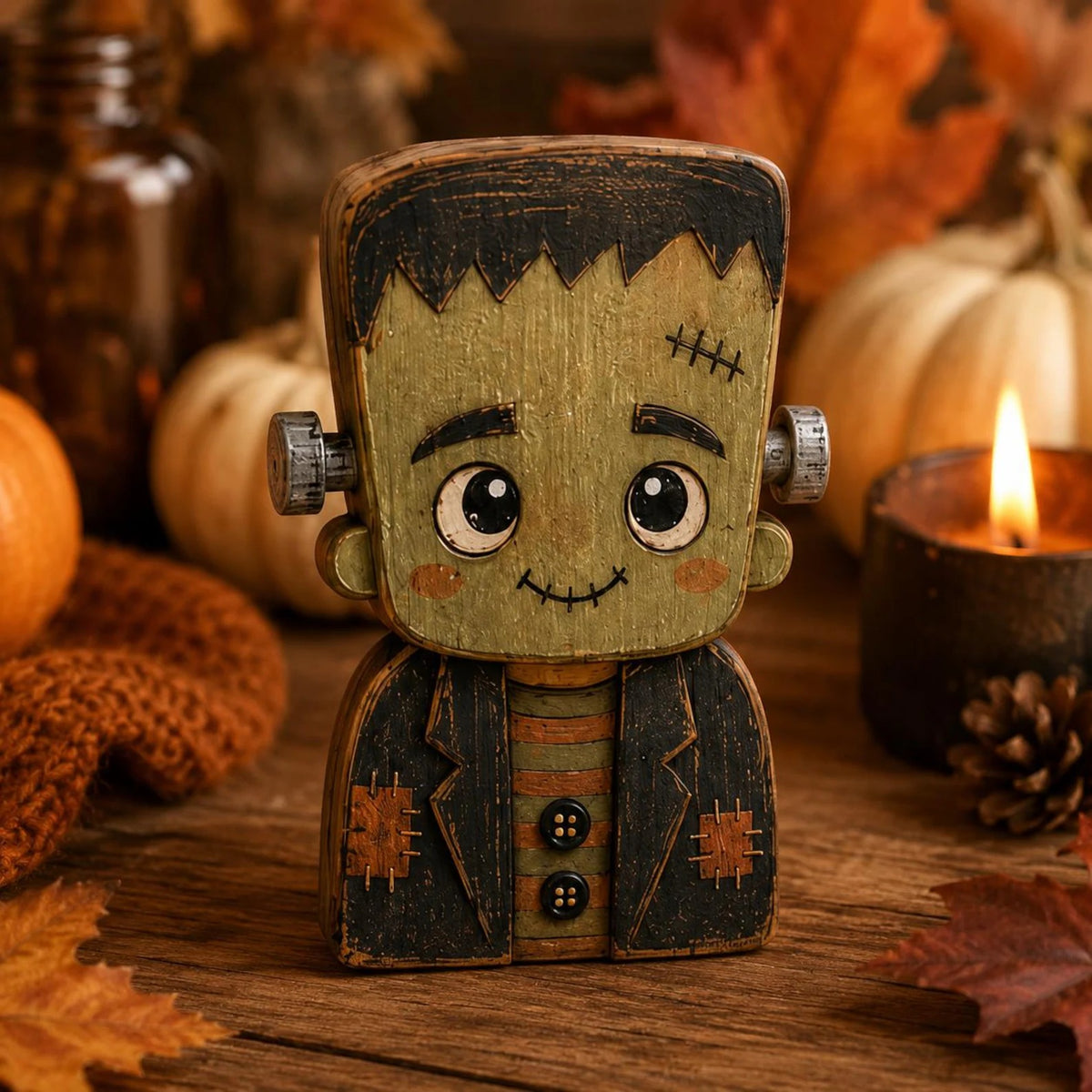 Whimsical Halloween Wooden Block, Cute Monster Shelf Sitter, Rustic Fall Tabletop Decor, Spooky Halloween Home Decoration, Seasonal Gift