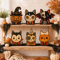 Halloween Cat Wooden Blocks, Spooky Cat Shelf Decor, Witch Pumpkin Kitty Figurines, Gothic Fall Tabletop Decoration, Halloween Gift