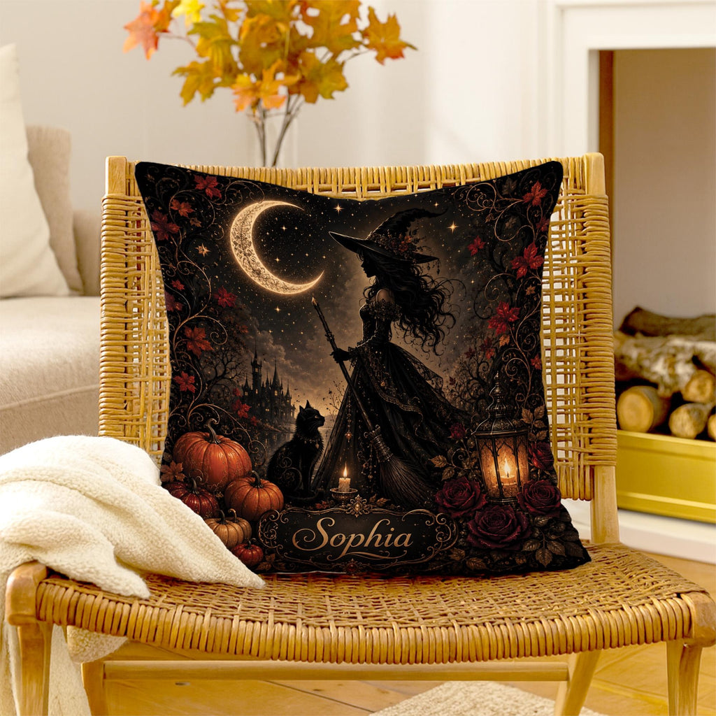Personalized Witch Halloween Pillow Cover, Custom Name Spooky Crescent Moon Throw Pillow, Square Cushion Case, Gothic Fall Home Decor