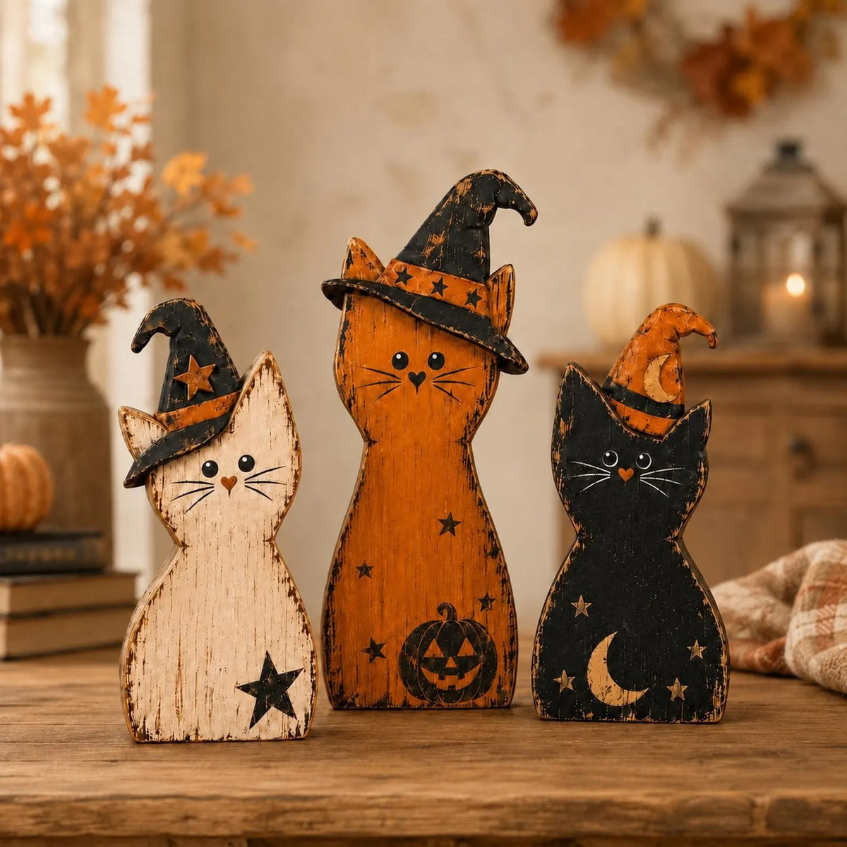 Halloween Cat Wooden Blocks, Rustic Witch Cat Decor, Spooky Shelf Sitter, Vintage Fall Tabletop Decoration, Halloween Home Decor