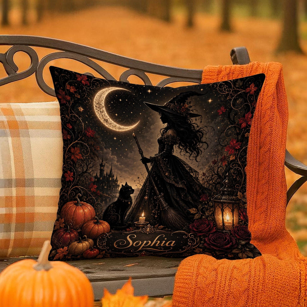 Personalized Witch Halloween Pillow Cover, Custom Name Spooky Crescent Moon Throw Pillow, Square Cushion Case, Gothic Fall Home Decor