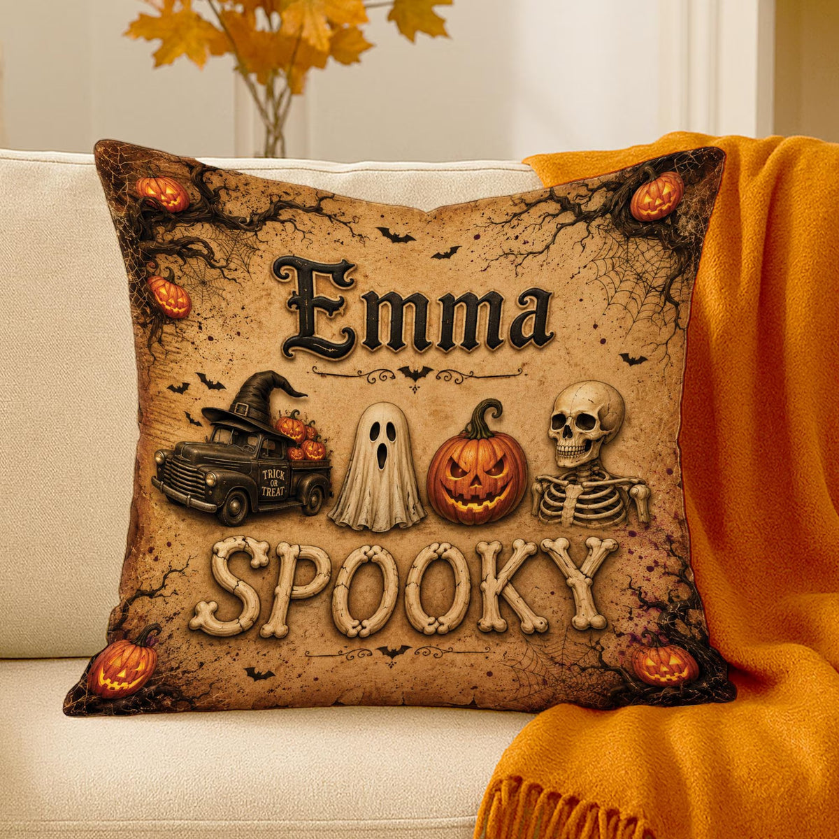 Personalized Halloween Throw Pillow: Custom Name Spooky Ghost Skeleton Cushion