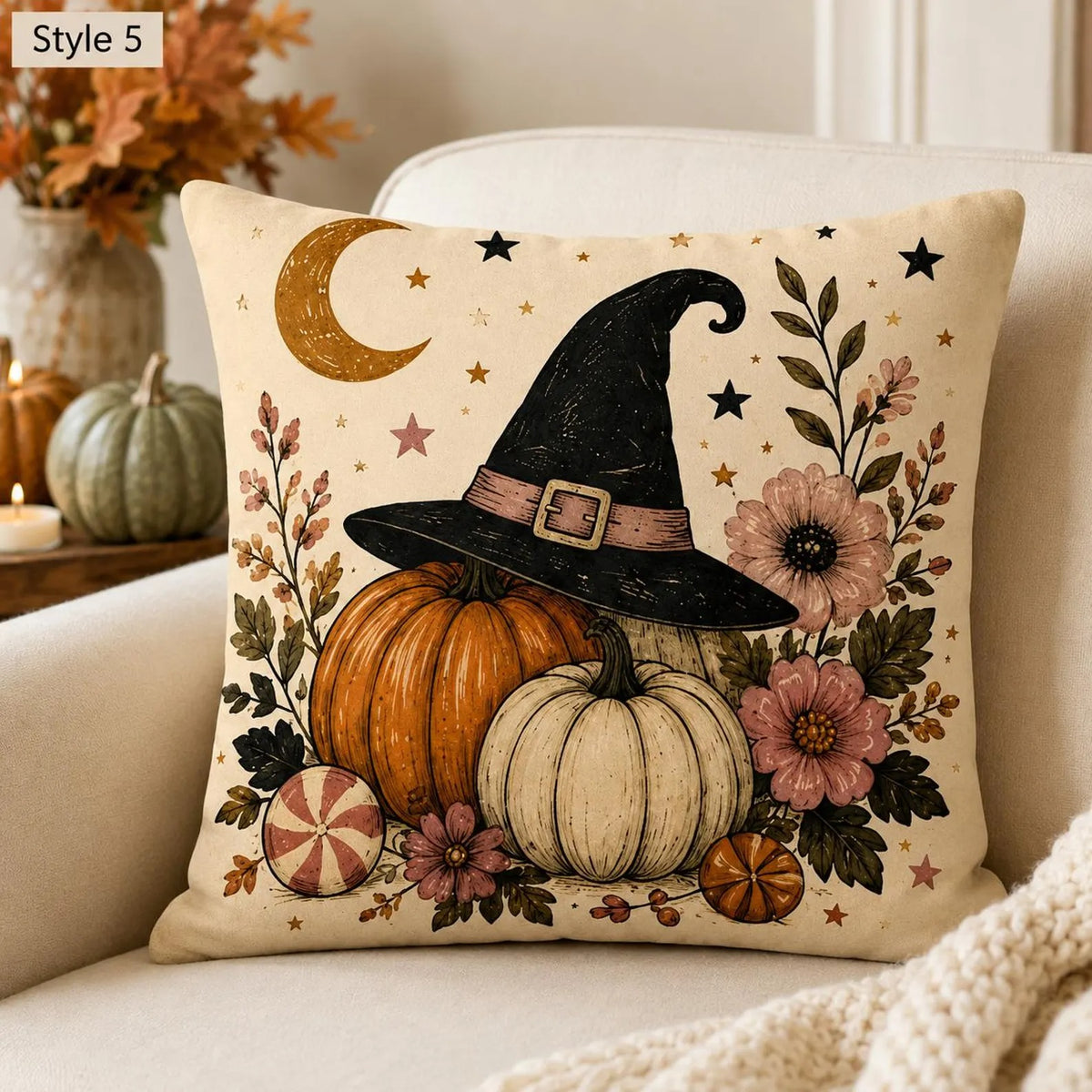 Vintage Halloween Pillow Cover, Black Cat & Ghost Throw Pillow, Double-Sided Square Cushion Case, Spooky Cute Fall Home Decor, Halloween Gift