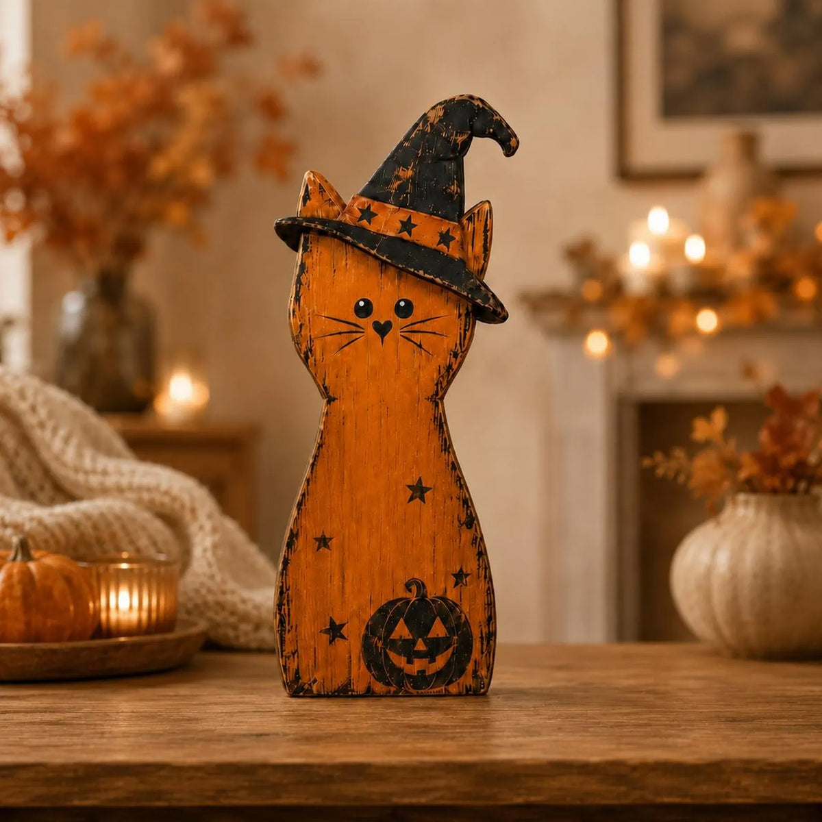 Halloween Cat Wooden Blocks, Rustic Witch Cat Decor, Spooky Shelf Sitter, Vintage Fall Tabletop Decoration, Halloween Home Decor