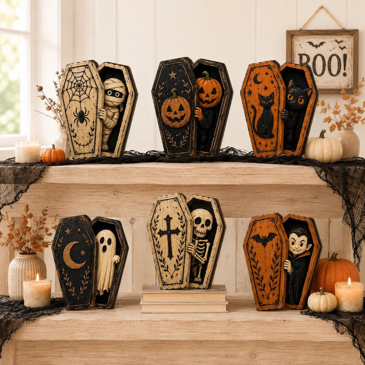 Halloween Coffin Wooden Block Decor, Spooky Mummy Ghost Cat Skeleton Vampire Shelf Sitter, Gothic Fall Tabletop Decoration, Halloween Gift