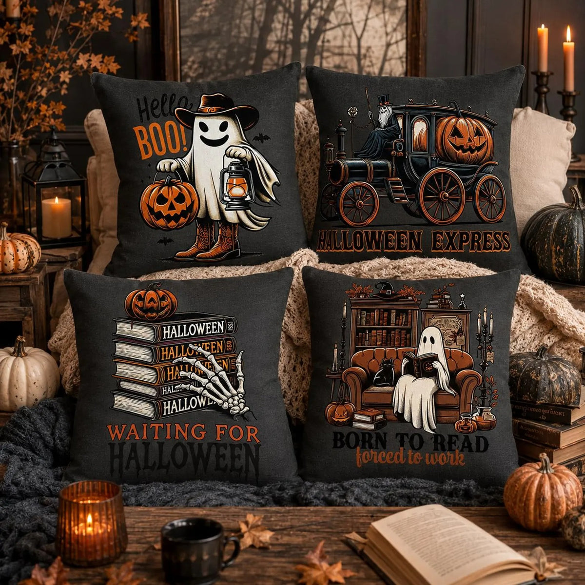 Halloween Pillow Cover, Spooky Ghost & Witch Throw Pillow, Vintage Fall Decor, Pumpkin Black Cat Gothic Cushion Case, Halloween Home Decoration