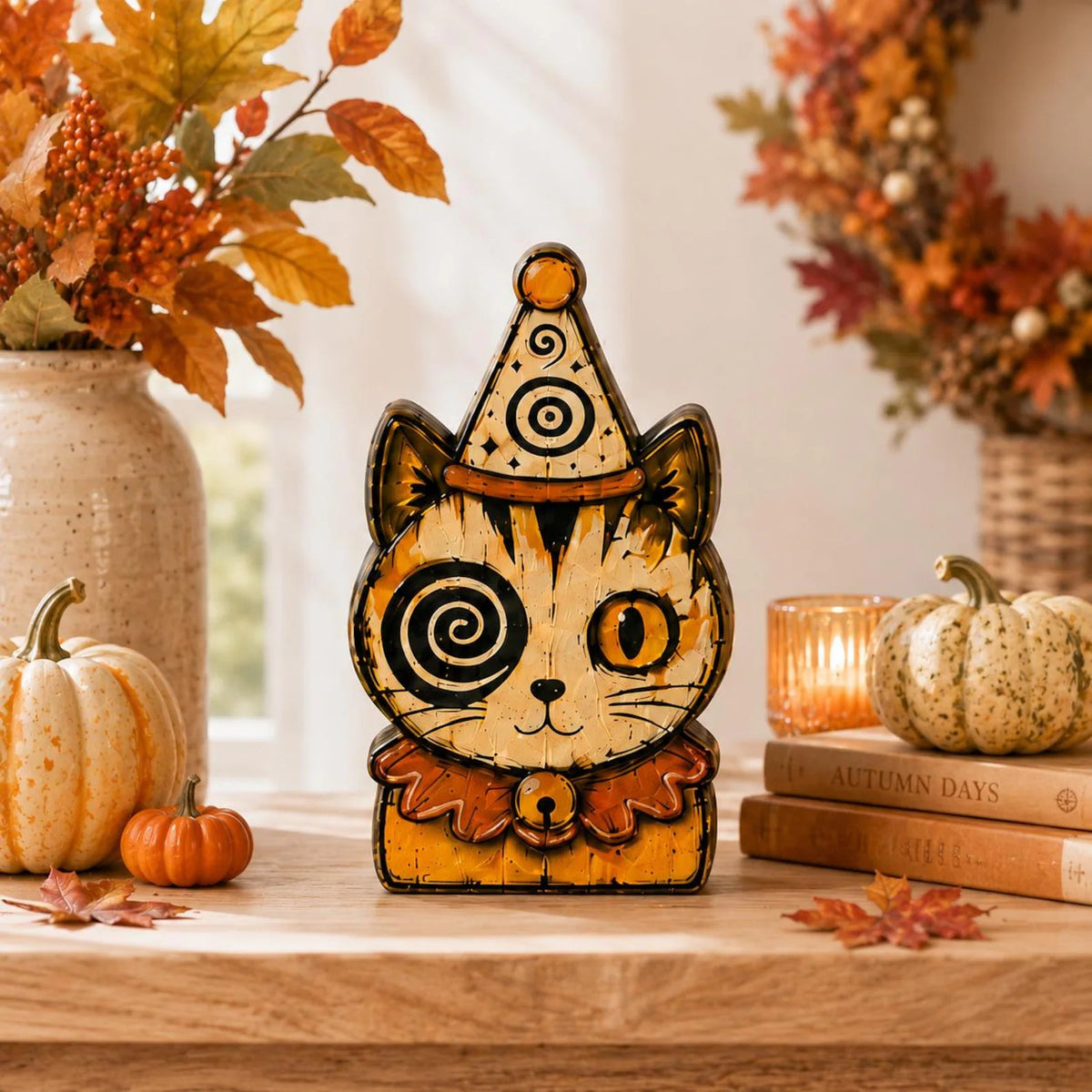 Halloween Cat Wooden Blocks, Spooky Cat Shelf Decor, Witch Pumpkin Kitty Figurines, Gothic Fall Tabletop Decoration, Halloween Gift
