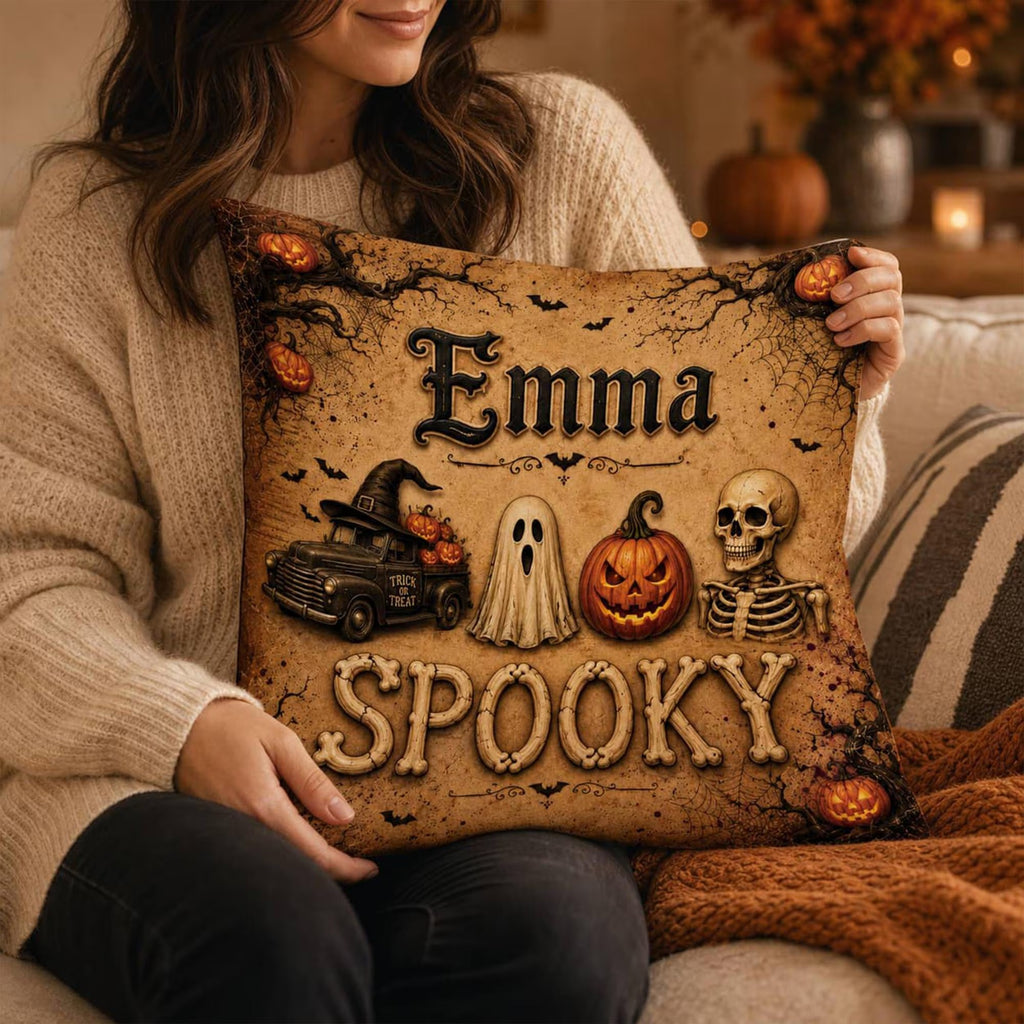 Personalized Halloween Throw Pillow: Custom Name Spooky Ghost Skeleton Cushion