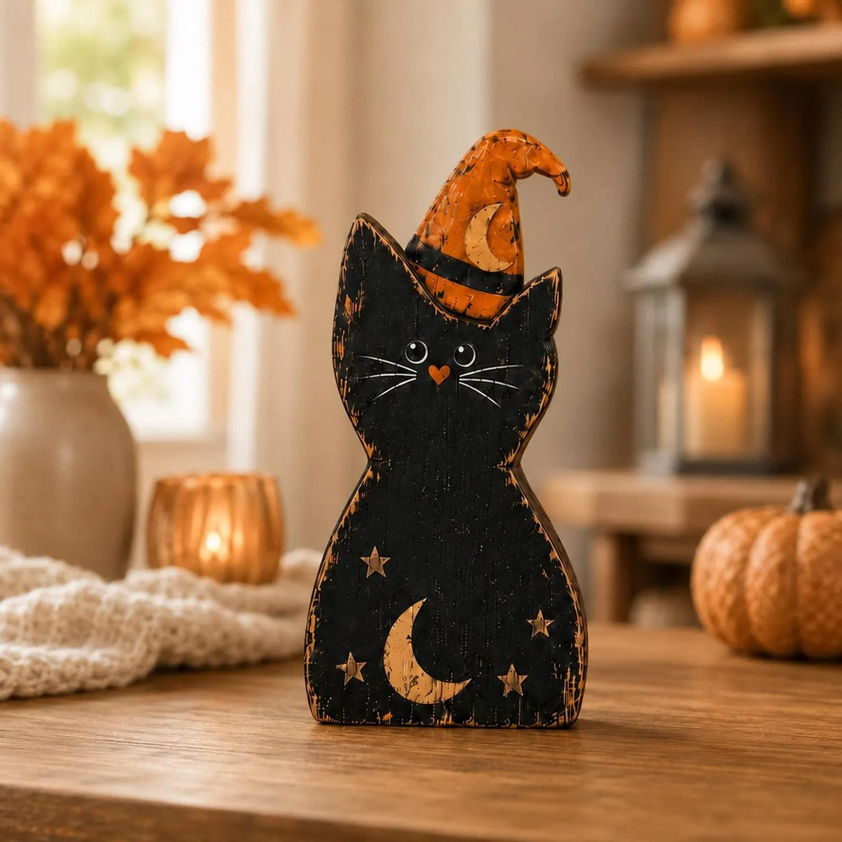 Halloween Cat Wooden Blocks, Rustic Witch Cat Decor, Spooky Shelf Sitter, Vintage Fall Tabletop Decoration, Halloween Home Decor