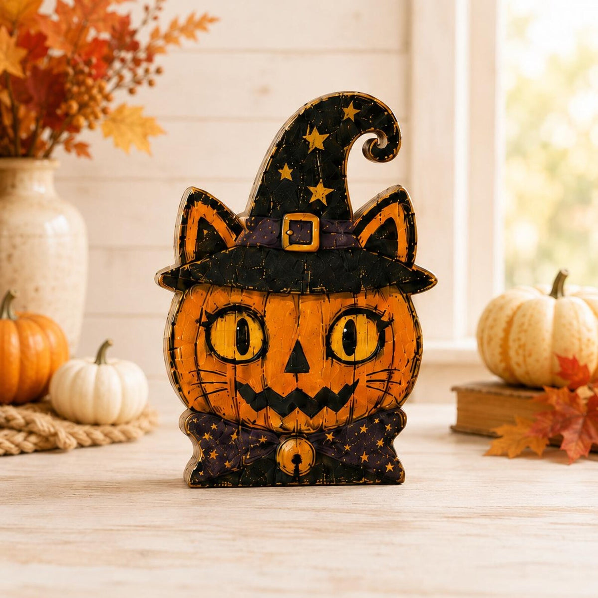 Halloween Cat Wooden Blocks, Spooky Cat Shelf Decor, Witch Pumpkin Kitty Figurines, Gothic Fall Tabletop Decoration, Halloween Gift
