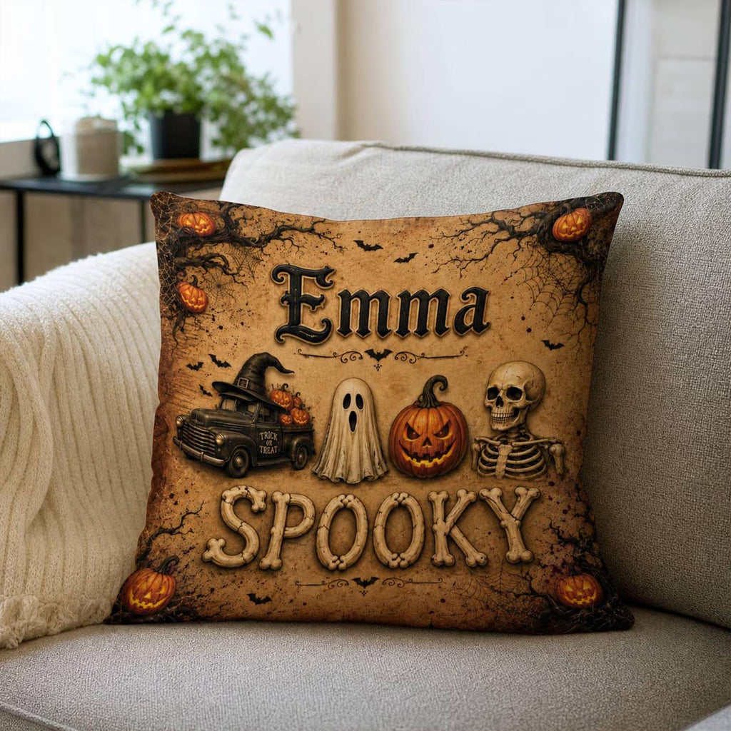 Personalized Halloween Throw Pillow: Custom Name Spooky Ghost Skeleton Cushion