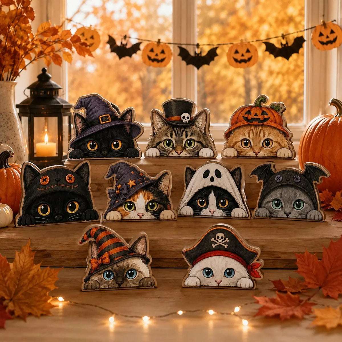 Halloween Cat Wooden Signs, Spooky Black Cat Shelf Sitters, Witch Ghost Pirate Pumpkin Kitty Decor, Vintage Halloween Tabletop Decoration