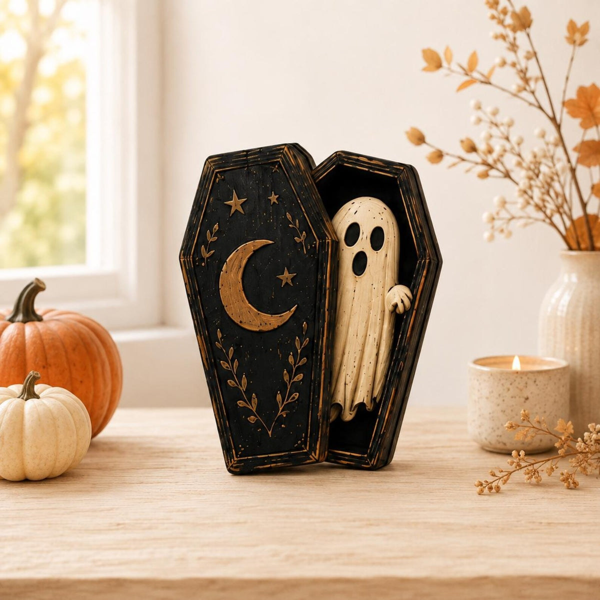 Halloween Coffin Wooden Block Decor, Spooky Mummy Ghost Cat Skeleton Vampire Shelf Sitter, Gothic Fall Tabletop Decoration, Halloween Gift