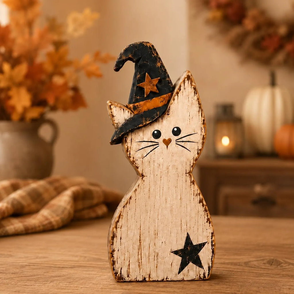 Halloween Cat Wooden Blocks, Rustic Witch Cat Decor, Spooky Shelf Sitter, Vintage Fall Tabletop Decoration, Halloween Home Decor