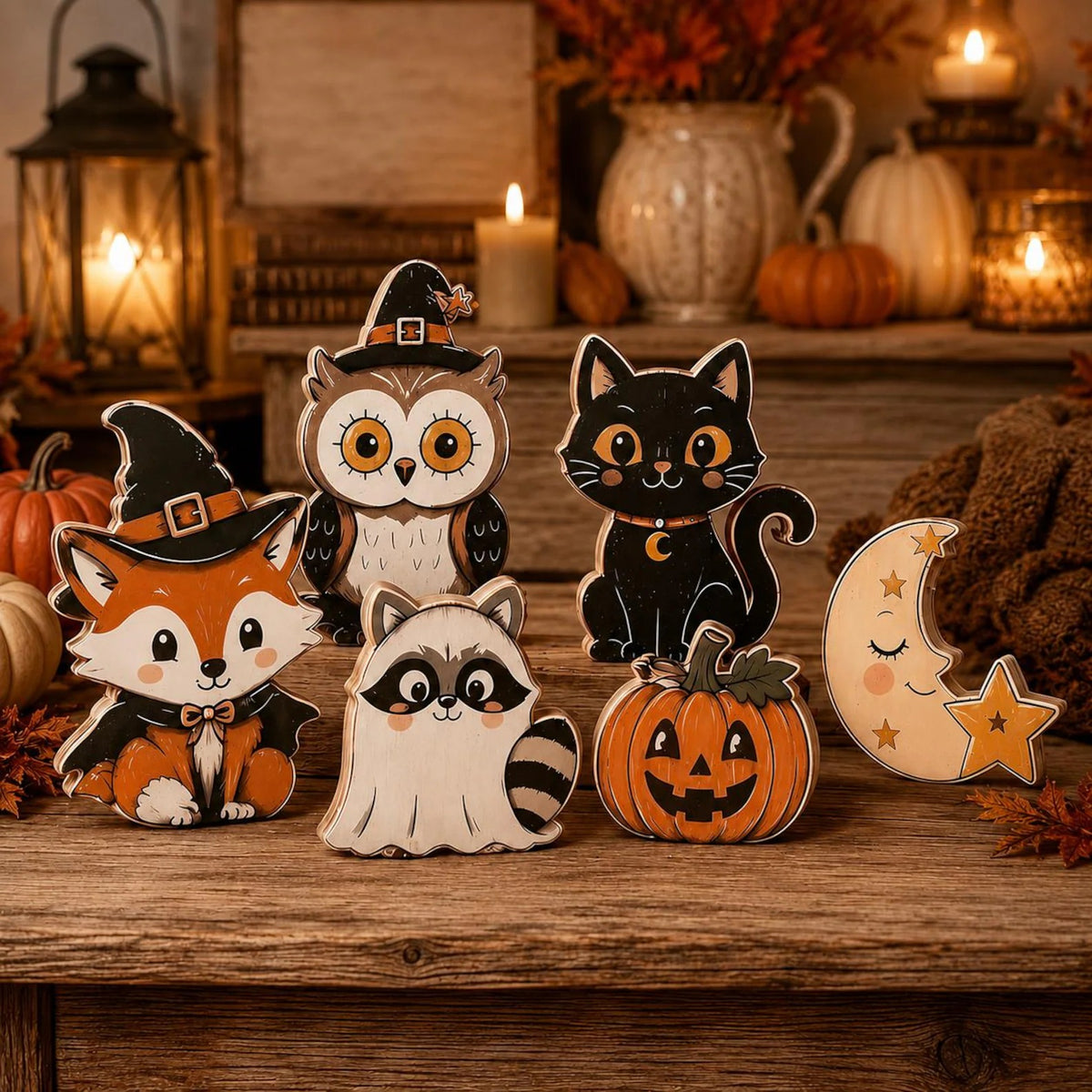 Halloween Animal Wooden Block Decor, Cute Fox Owl Cat Pumpkin Shelf Sitter, Spooky Fall Tabletop Decoration, Rustic Halloween Home Decor
