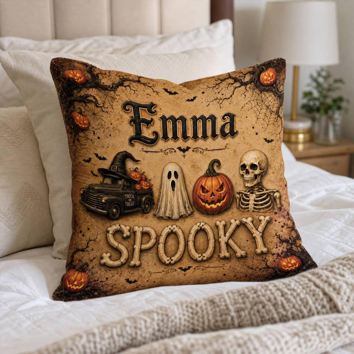 Personalized Halloween Throw Pillow: Custom Name Spooky Ghost Skeleton Cushion
