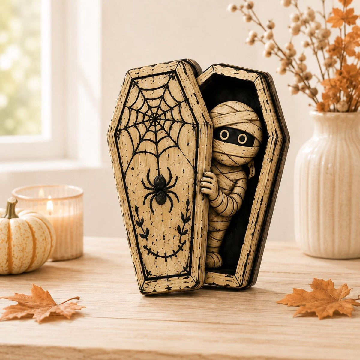 Halloween Coffin Wooden Block Decor, Spooky Mummy Ghost Cat Skeleton Vampire Shelf Sitter, Gothic Fall Tabletop Decoration, Halloween Gift
