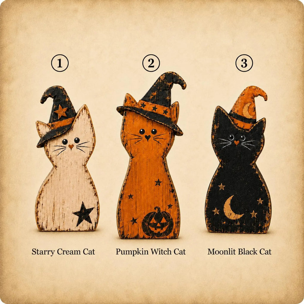 Halloween Cat Wooden Blocks, Rustic Witch Cat Decor, Spooky Shelf Sitter, Vintage Fall Tabletop Decoration, Halloween Home Decor