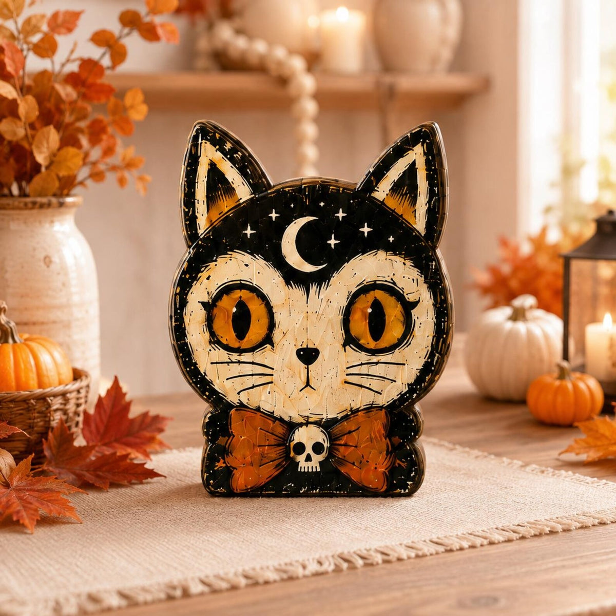 Halloween Cat Wooden Blocks, Spooky Cat Shelf Decor, Witch Pumpkin Kitty Figurines, Gothic Fall Tabletop Decoration, Halloween Gift