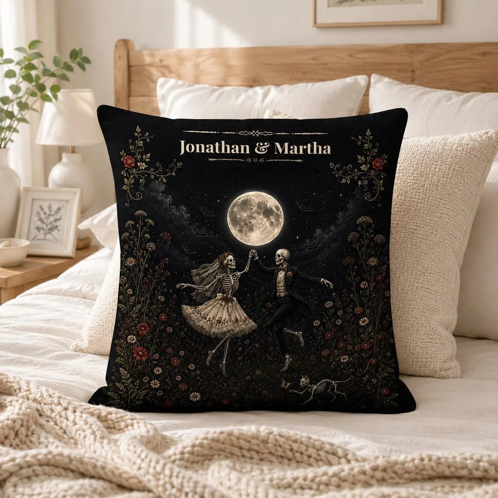 Personalized Halloween Couple Pillow Cover, Custom Skeleton Couple Throw Pillow, Gothic Moon Dance Cushion, Spooky Fall Decor, Halloween Gift for Couples