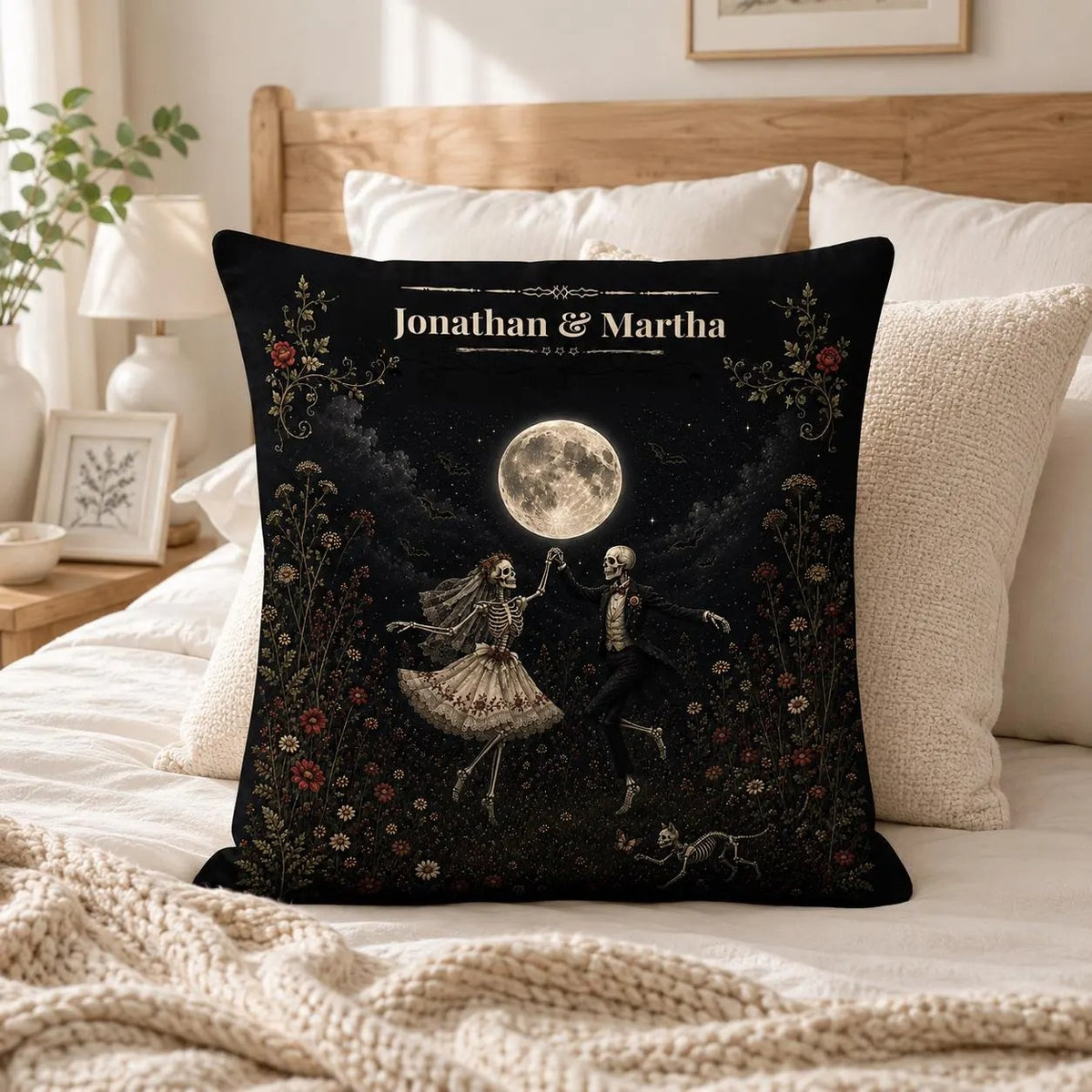 Personalized Halloween Couple Pillow Cover, Custom Skeleton Couple Throw Pillow, Gothic Moon Dance Cushion, Spooky Fall Decor, Halloween Gift for Couples