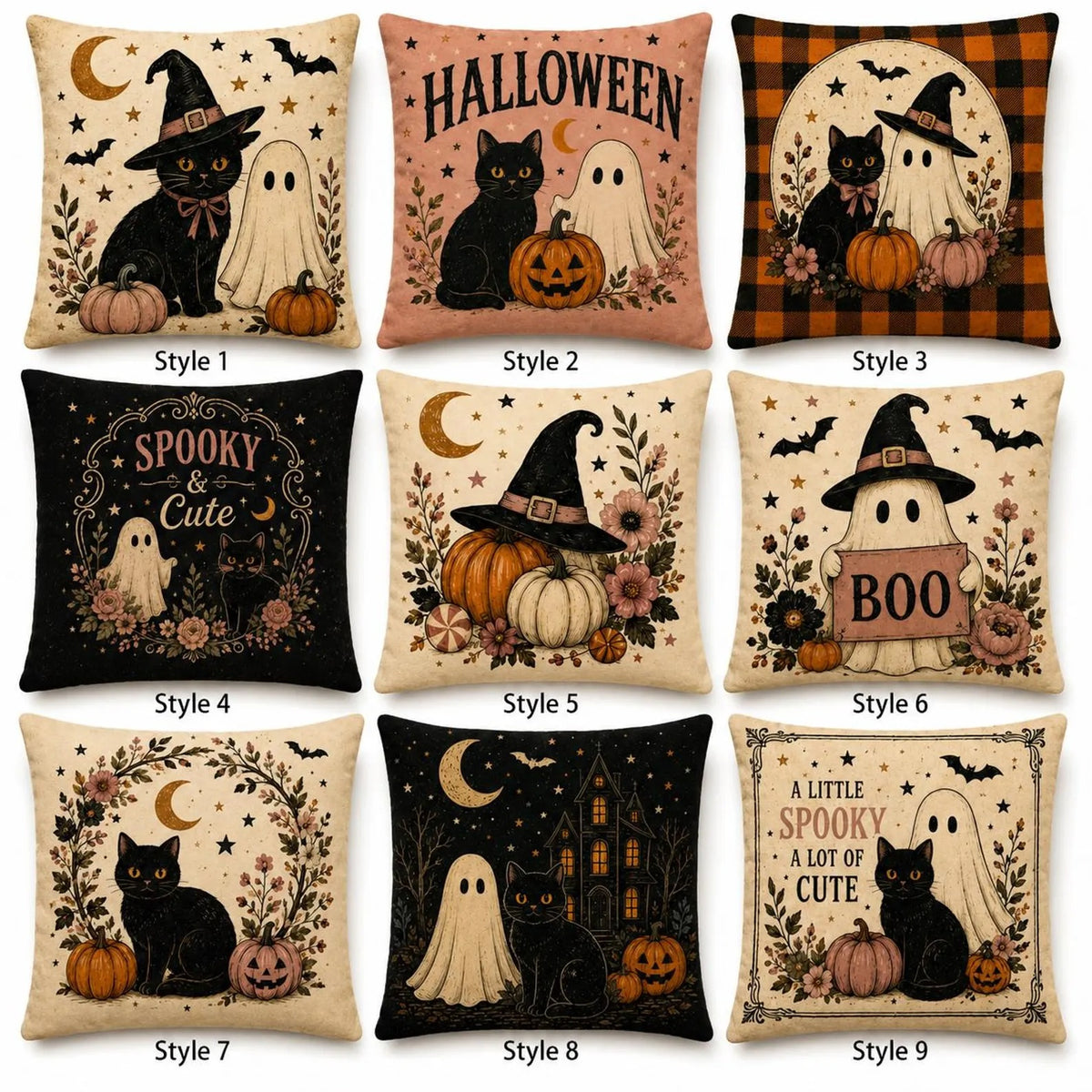 Vintage Halloween Pillow Cover, Black Cat & Ghost Throw Pillow, Double-Sided Square Cushion Case, Spooky Cute Fall Home Decor, Halloween Gift