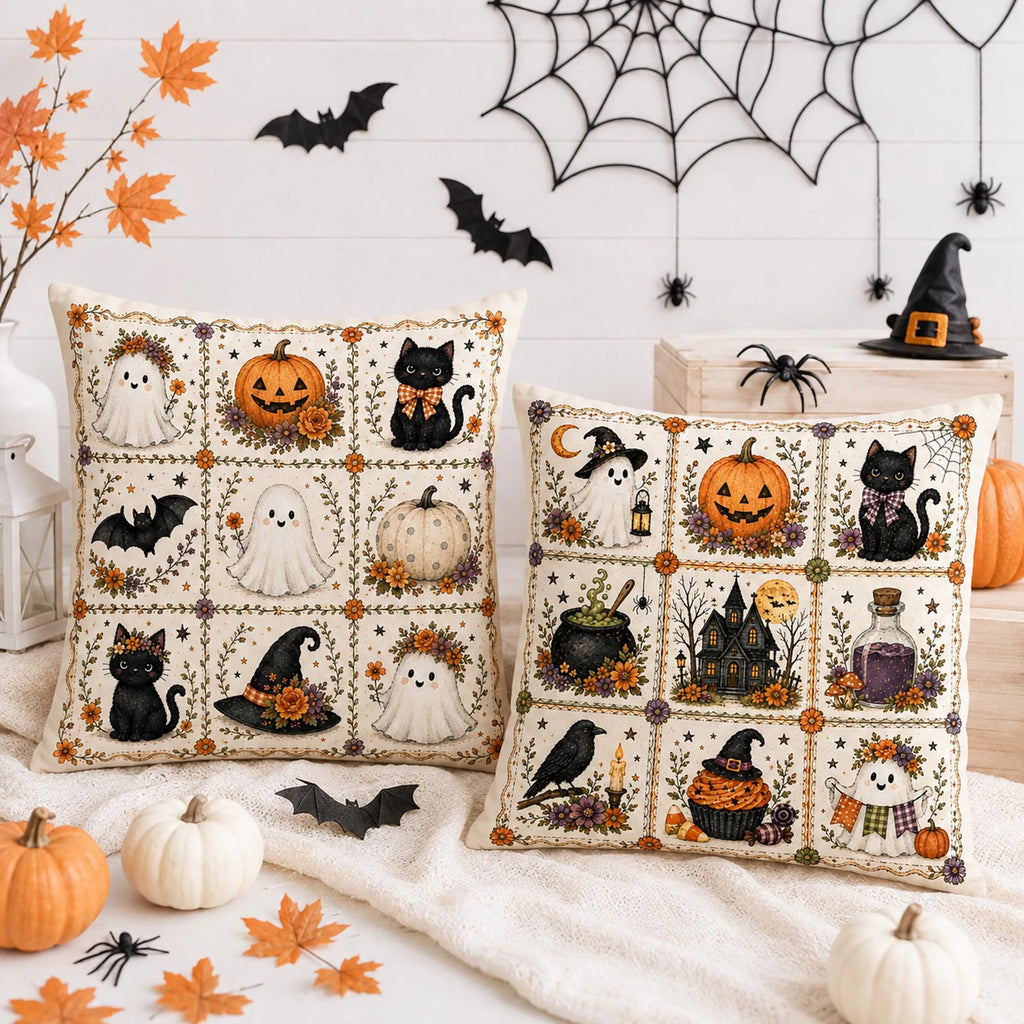 Halloween Throw Pillow Cover, Ghost Pumpkin Black Cat Farmhouse Cushion Case, Spooky Autumn Home Decor, Rustic Fall Pillow