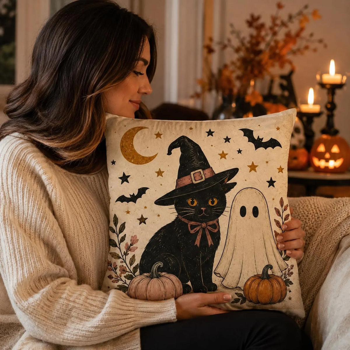 Vintage Halloween Pillow Cover, Black Cat & Ghost Throw Pillow, Double-Sided Square Cushion Case, Spooky Cute Fall Home Decor, Halloween Gift