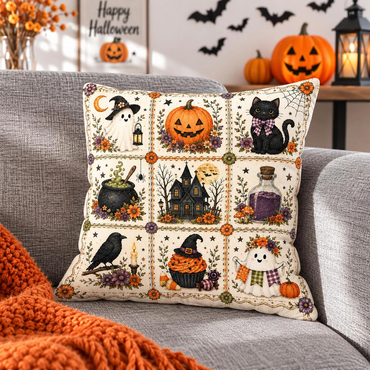 Halloween Throw Pillow Cover, Ghost Pumpkin Black Cat Farmhouse Cushion Case, Spooky Autumn Home Decor, Rustic Fall Pillow