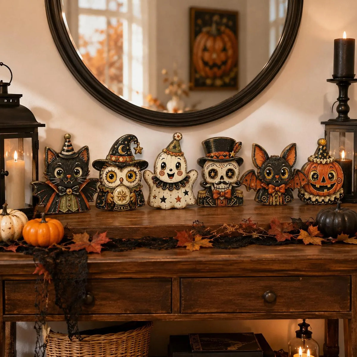 Vintage Halloween Wooden Block Set, Cat Owl Ghost Pumpkin Skull Decor, Rustic Tiered Tray Shelf Decoration, Spooky Fall Home Decor, Halloween Gift