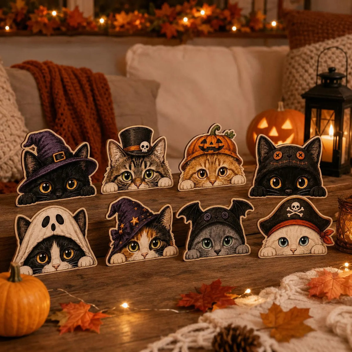 Halloween Cat Wooden Signs, Spooky Black Cat Shelf Sitters, Witch Ghost Pirate Pumpkin Kitty Decor, Vintage Halloween Tabletop Decoration