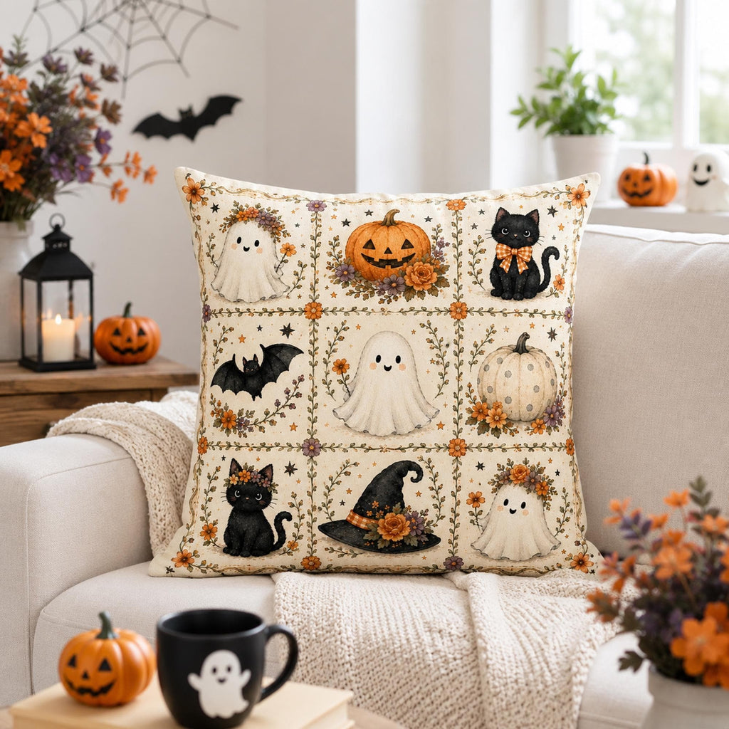 Halloween Throw Pillow Cover, Ghost Pumpkin Black Cat Farmhouse Cushion Case, Spooky Autumn Home Decor, Rustic Fall Pillow
