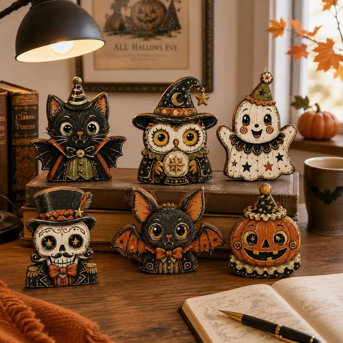 Vintage Halloween Wooden Block Set, Cat Owl Ghost Pumpkin Skull Decor, Rustic Tiered Tray Shelf Decoration, Spooky Fall Home Decor, Halloween Gift