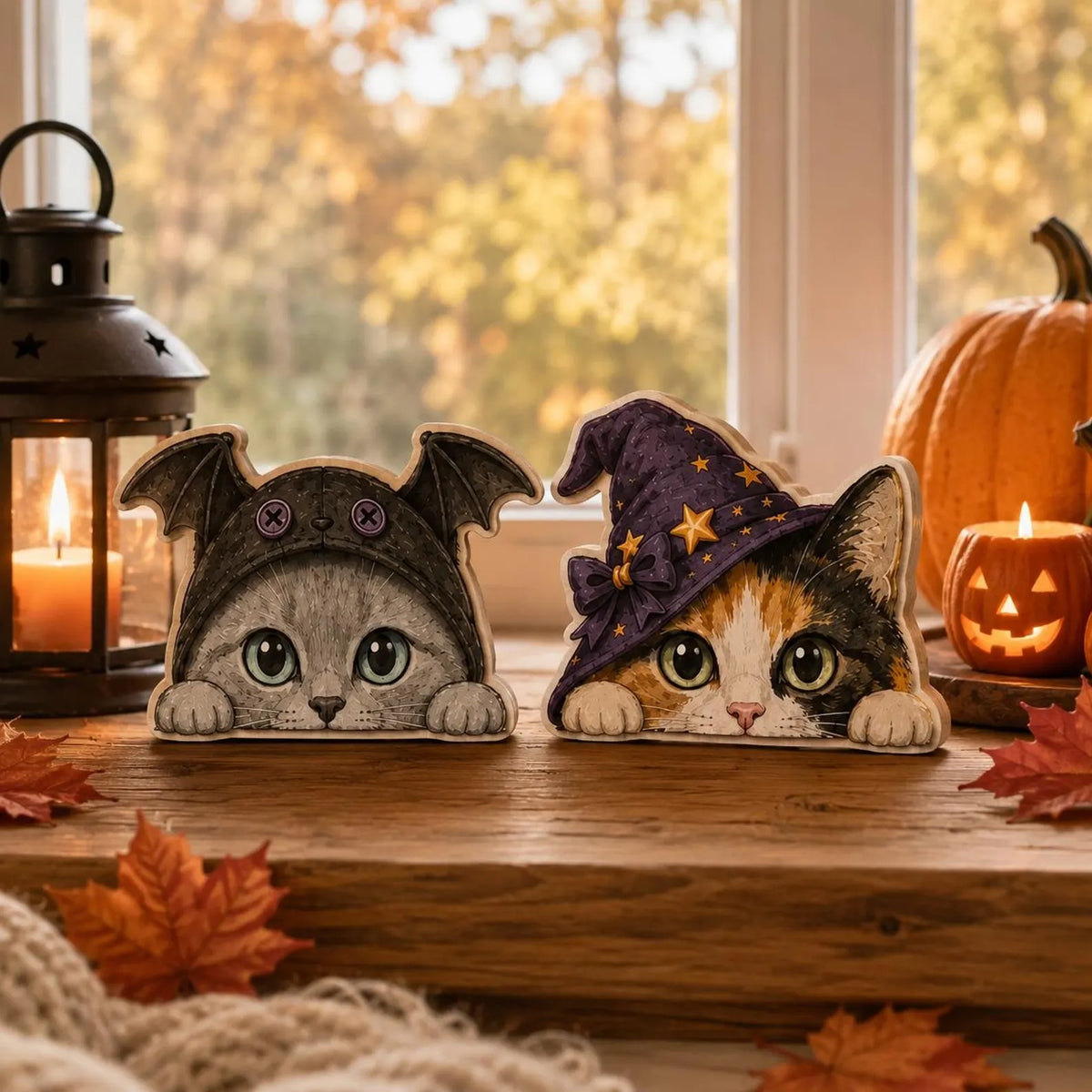 Halloween Cat Wooden Signs, Spooky Black Cat Shelf Sitters, Witch Ghost Pirate Pumpkin Kitty Decor, Vintage Halloween Tabletop Decoration